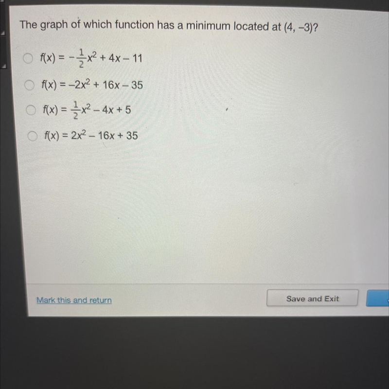 The graph of which function has a minimum located at (4,-3)-example-1