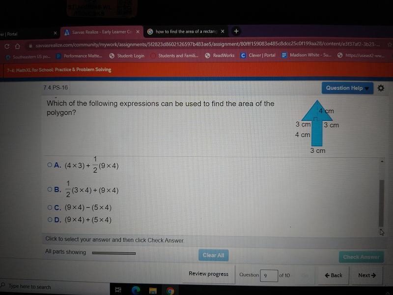 Question Help Which of the following expressions can be used to find the area of the-example-1