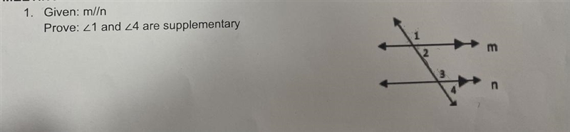 Given: m//n Prove: angle 1 and angel 4 are supplementary-example-1