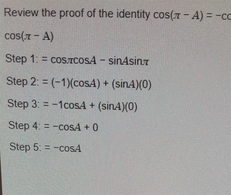 Review the proof of the identity cos(-A) = -COSA. at which step was an error made-example-1