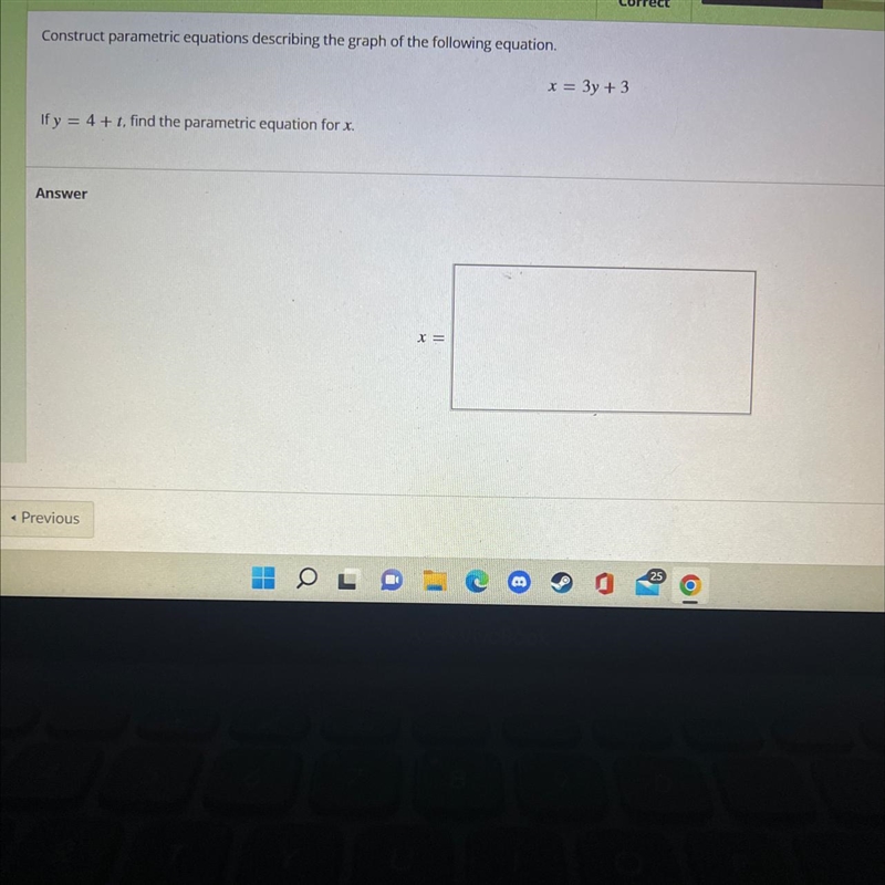 Construct parametric equations describing the graph of the following equation.x = 3y-example-1