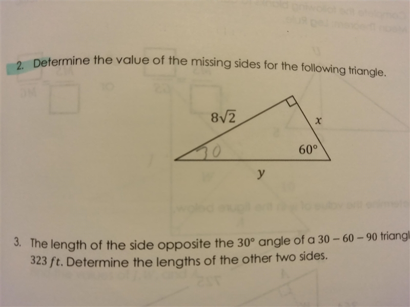 Determine the value of the missing sides for the following triangle-example-1