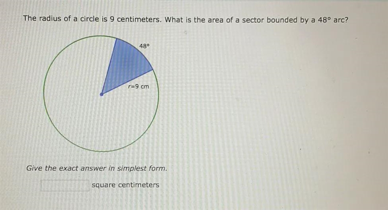 What is the area of a sector bounded by a 48 degree arc?-example-1