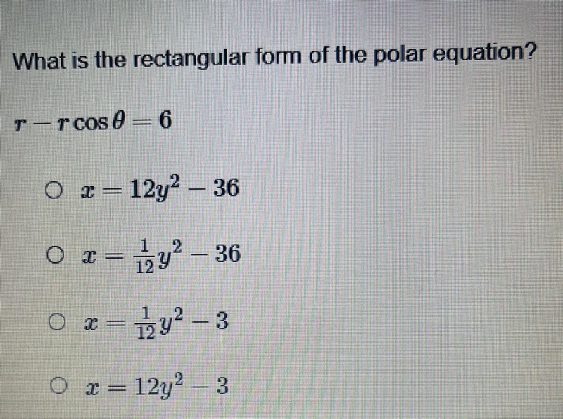 What is the rectangular form of the polar equation?-example-1