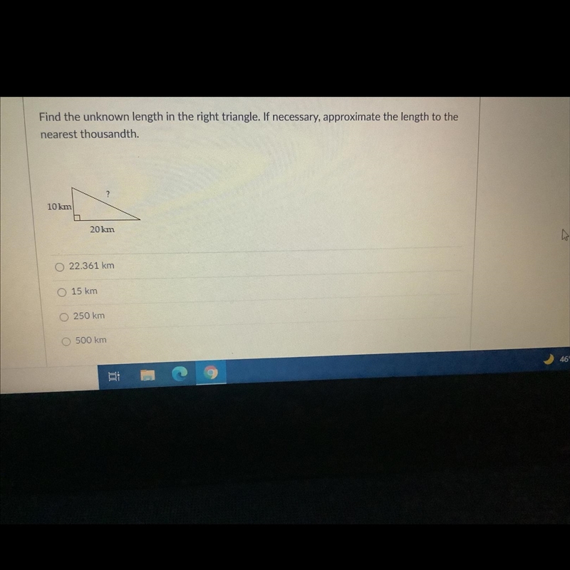 Find the unknown length of the right triangle. If necessary approximate the length-example-1