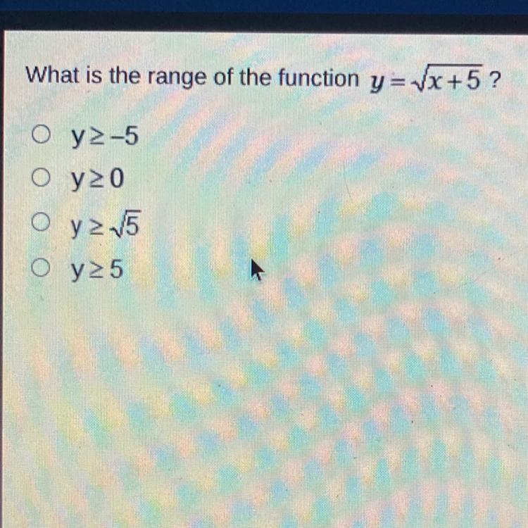 What is the range of the function y=x+5 ?O y2-5O y20O y 15Oy25-example-1