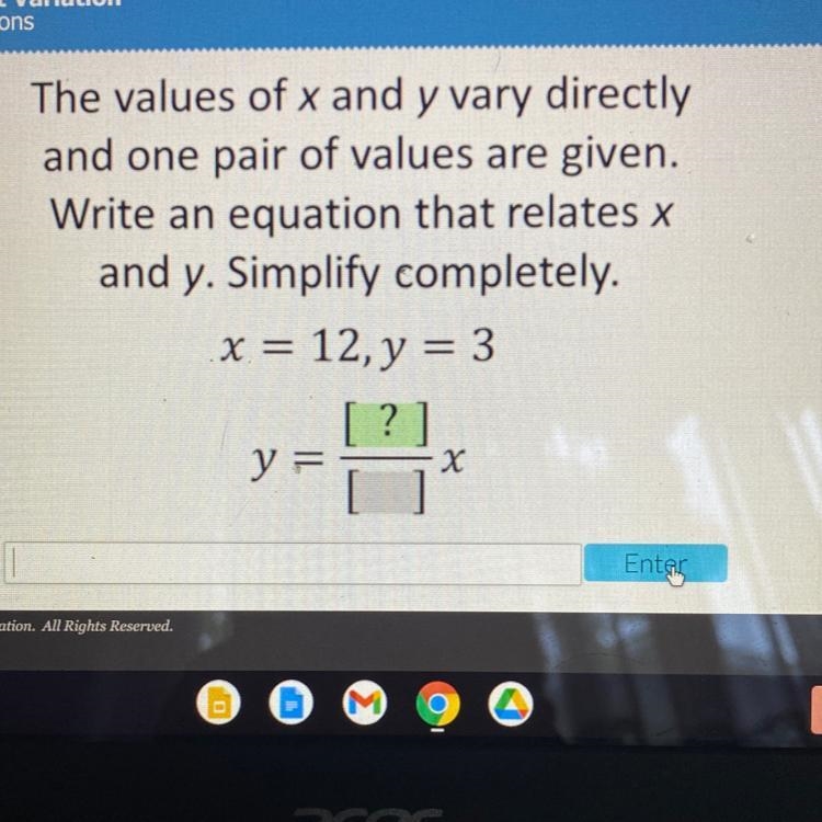 The values of x and y vary directly and one pair of values are given write an equation-example-1