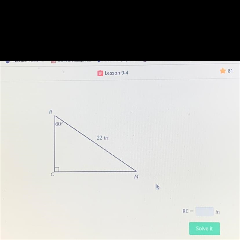 RMC is a 30°-60°-90° triangle and RM = 22 in. Find RC.-example-1