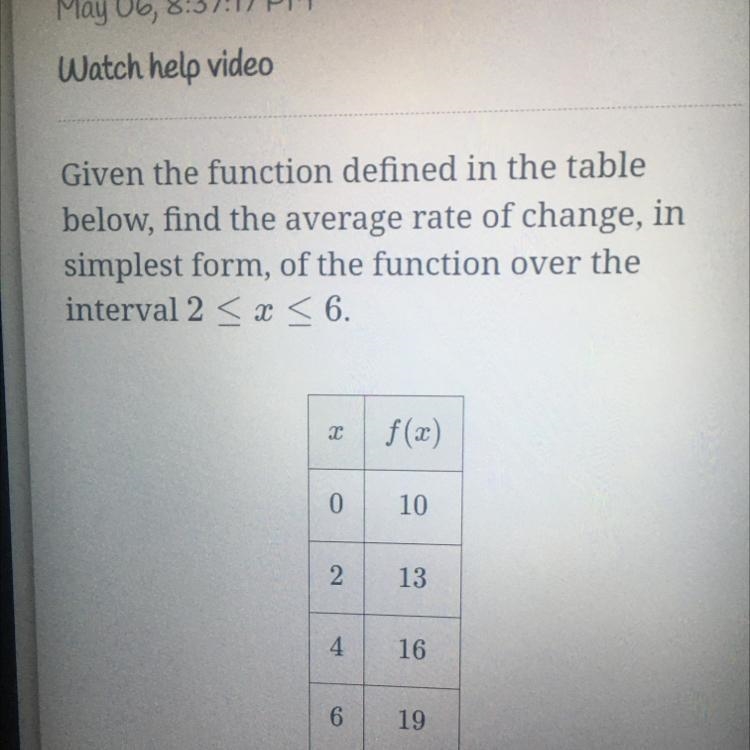 Given the function defined in the tablebelow, find the average rate of change, insimplest-example-1