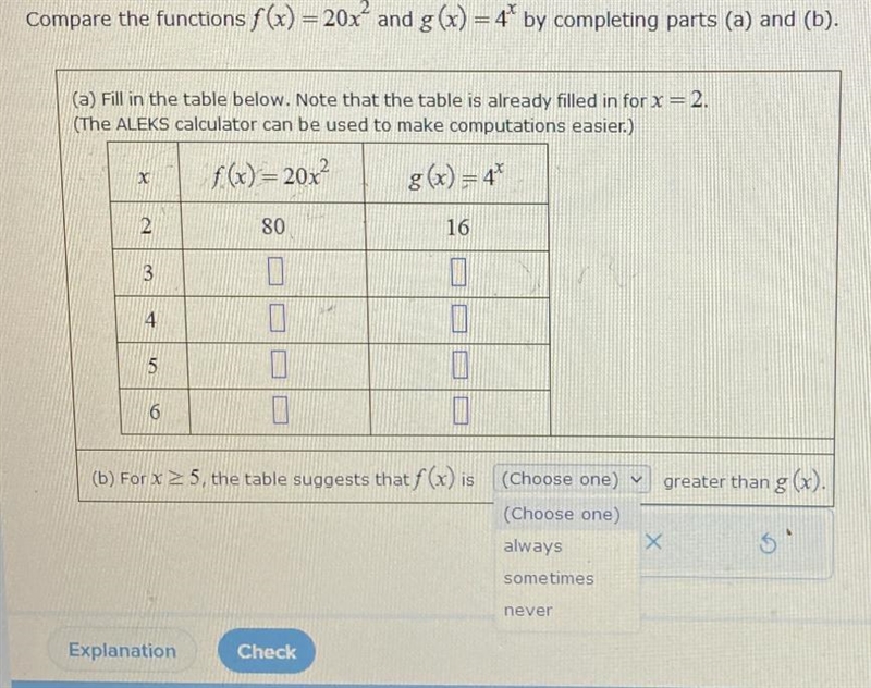 Compare the functions f(x) = 20x² and g(x) = 4* by completing parts (a) and (b).(a-example-1