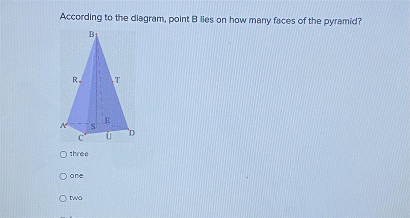 According to the diagram,point B lies on how many faces of the pyramid?last option-example-1