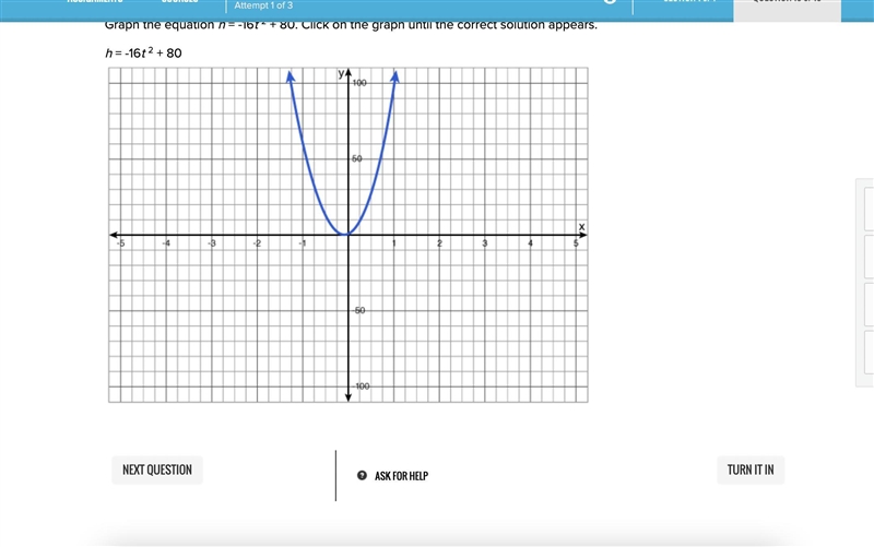 Graph the equation h = -16t 2 + 80. Click on the graph until the correct solution-example-1