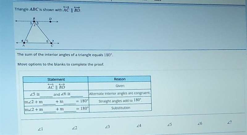 -.. The sum of the interior angles of a triangle equals 180° Move options to the blanks-example-1