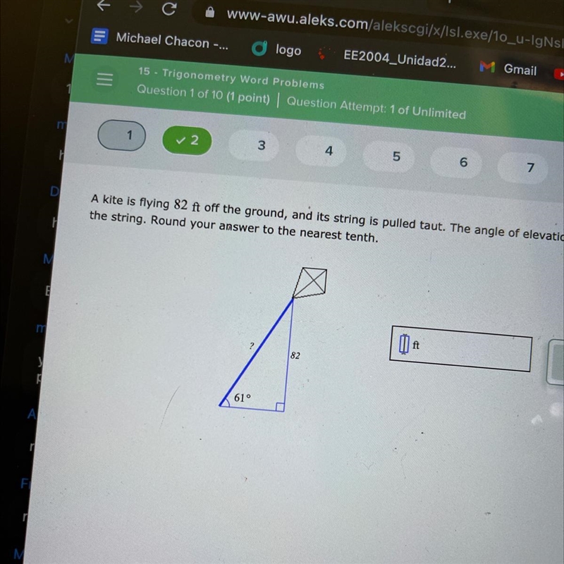 A kite is flying 82 ft off the ground, and its string is pulled taut. The angle of-example-1