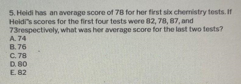 Heidi has an average score of 78 for her first six chemistry tests. If Heidi&quot-example-1