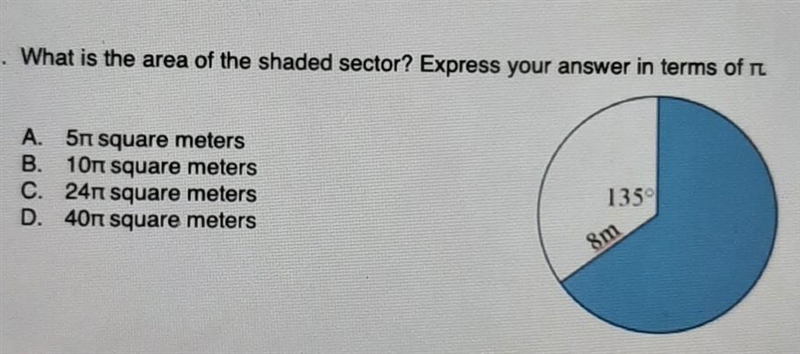 What is the area of the shaded sector? express your answer in terms of pie-example-1