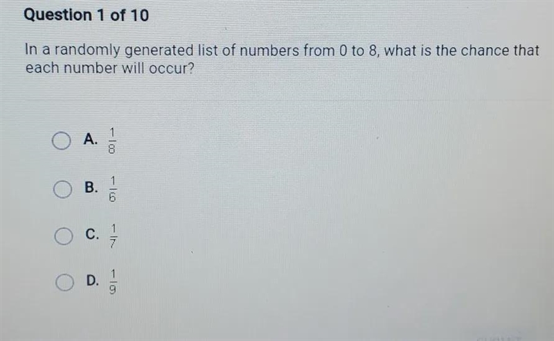 Question 1 of 10 In a randomly generated list of numbers from 0 to 8, what is the-example-1