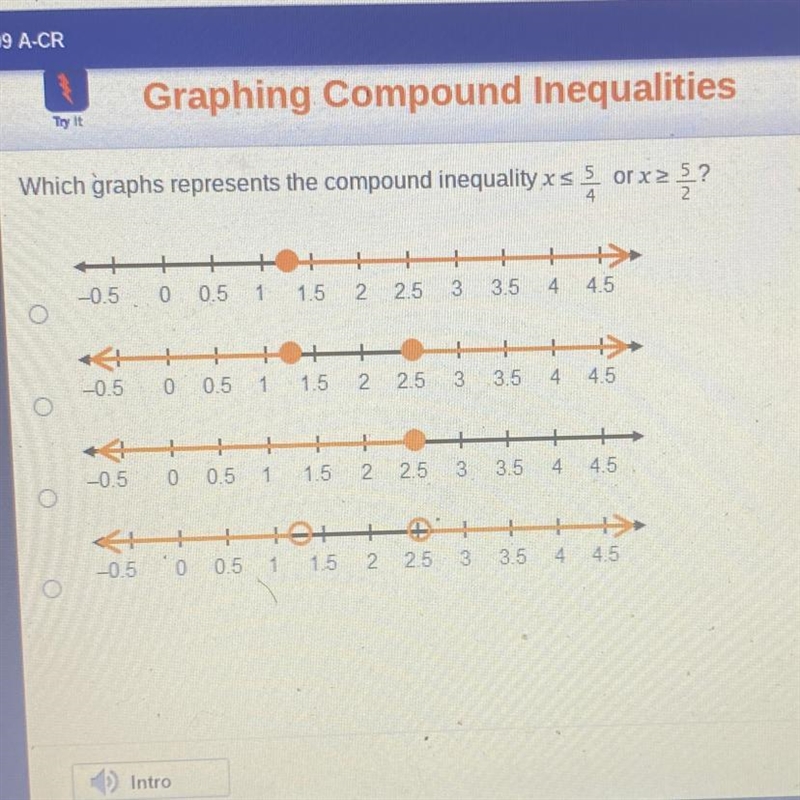 NEED HELP ASAP !!!! Which graphs represents the compound inequality x≤ 5 orx≥ 5?-example-1