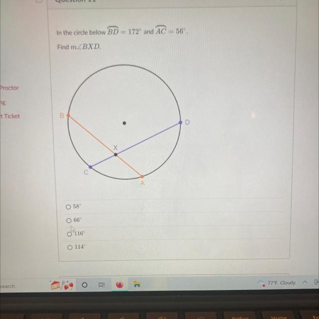 In the circle below BD = 172° and ACFind m/BXD.-example-1