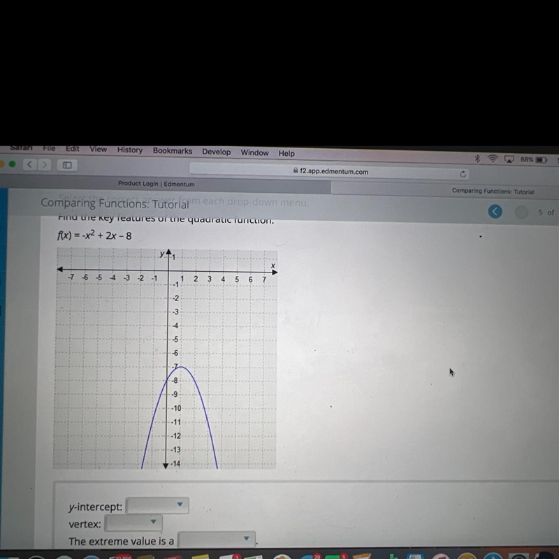 Select the correct answer from each drop-down menu.Find the key features of the quadratic-example-1