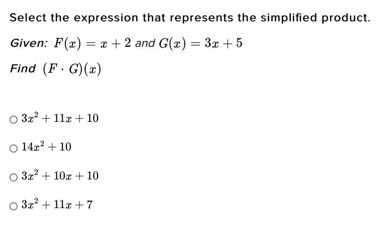 Select the expression that represents the simplified product. Given: F(x)=x+2 and-example-1