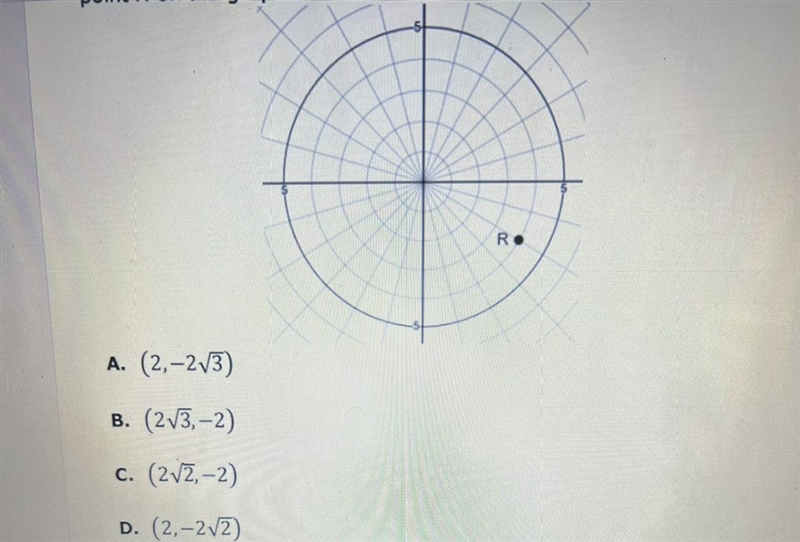 Which pair of rectangular coordinates represents the polar point R on the graph?-example-1