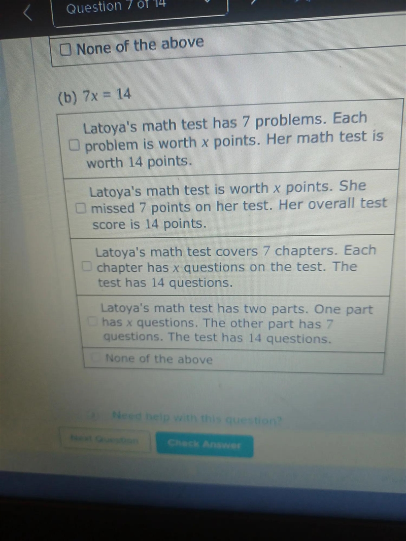 Ques Each equation below is followed by several stories. Select all of the stories-example-1