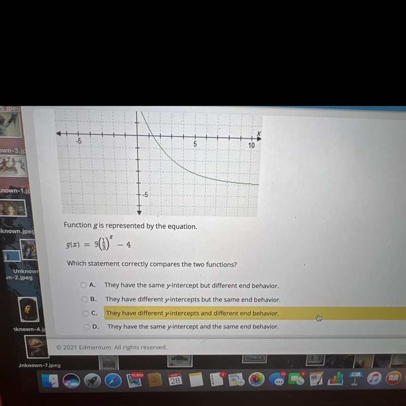 Function gis represented by the equation.g(x)=9(1/3)^x-4Which statement correctly-example-1