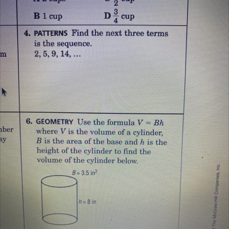 4. PATTERNS Find the next three terms is the sequence. 2, 5, 9, 14, ...-example-1