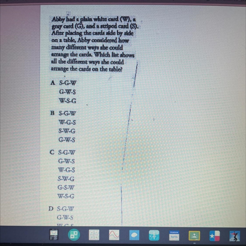 Abby had a plain white card (W), agry card (G), and a striped card (S).After placing-example-1