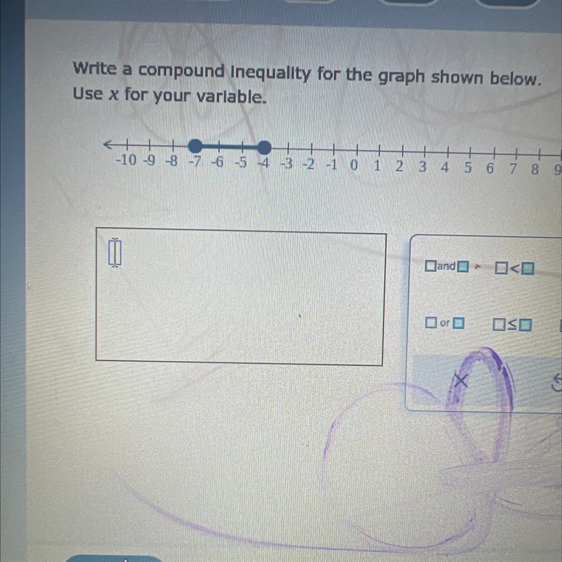 Write a compound inequality for the graph shown below. Use x for your variable.-example-1