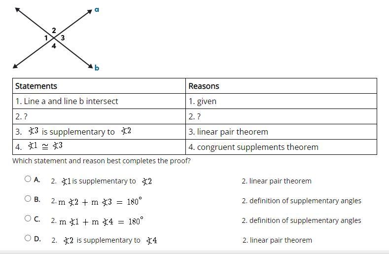 Which statement and reason best completes the proof?A. 2. is supplementary to 2. linear-example-1