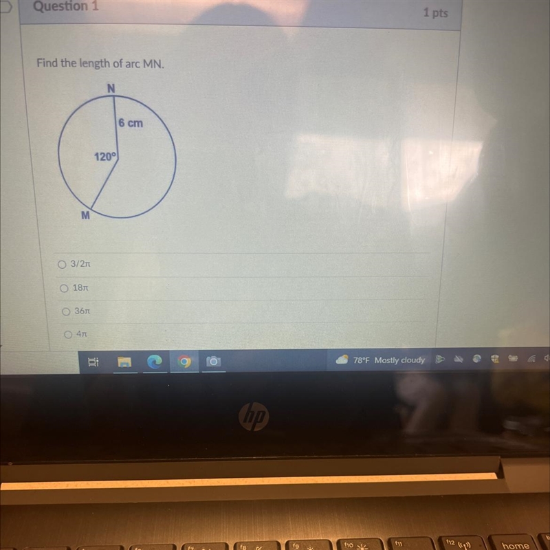Find the length of arc MN.NMO 3/2nО 18лO 36mО 4л120°6 cm-example-1