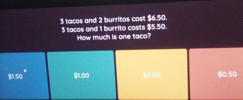 Three tacos and two burritos cost 653 tacos and one burrito cost 550 how much is one-example-1