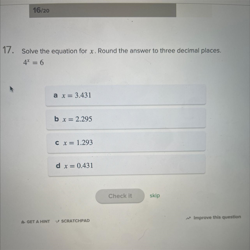 Solve the equation for X. Round the answer to three decimal places. 4^x = 6-example-1