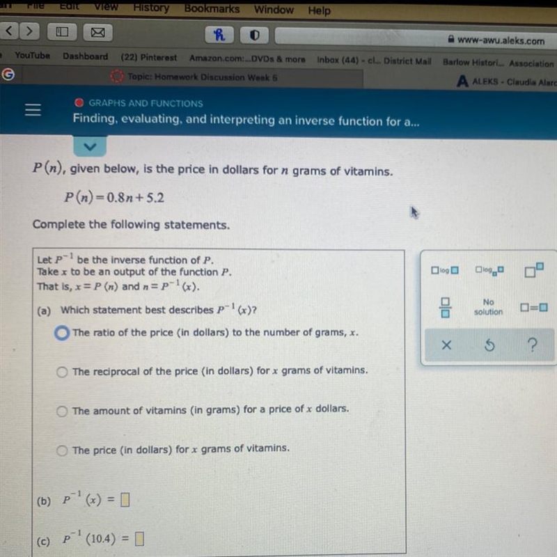 Finding a valuating and interpreting an inverse function for given linear relationship-example-1