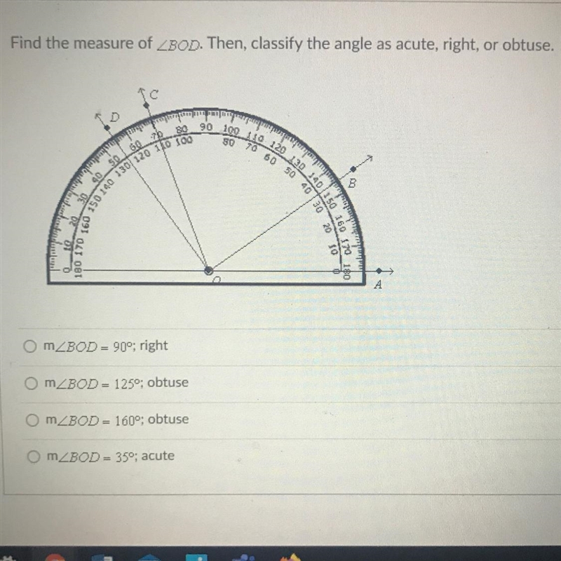 Find the measure of angle BOD. Then, classify the angle as acute, right, or obtuse-example-1