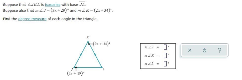 Suppose that is isosceles with base .Suppose also that and .Find the degree measure-example-1