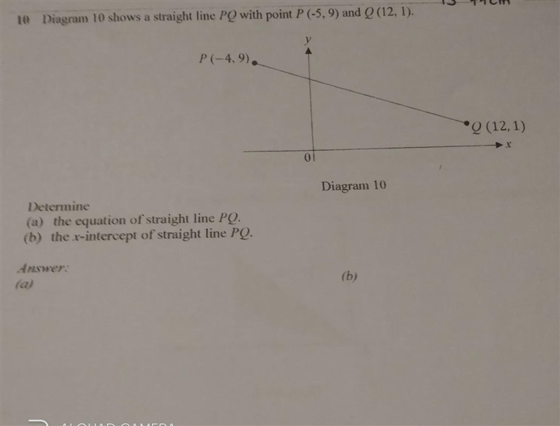 Diagram 10 shows a straight line PQ with point P(-4,9) and Q(12,1).-example-1