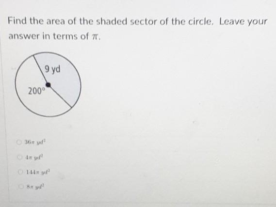 Find the area of the shaded sector of the circle. Leave your answers in terms of pi-example-1