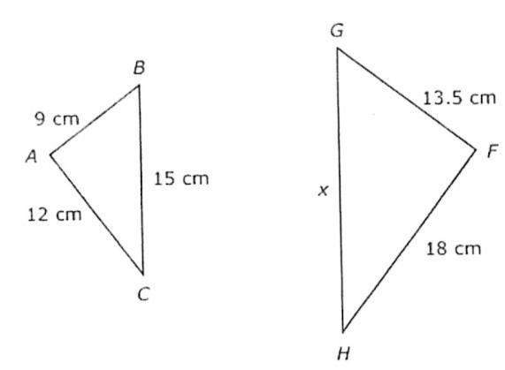 Triangle ABC is similar to triangle FGH. What is the value of x in centimeters?A. 22.5 cmB-example-1