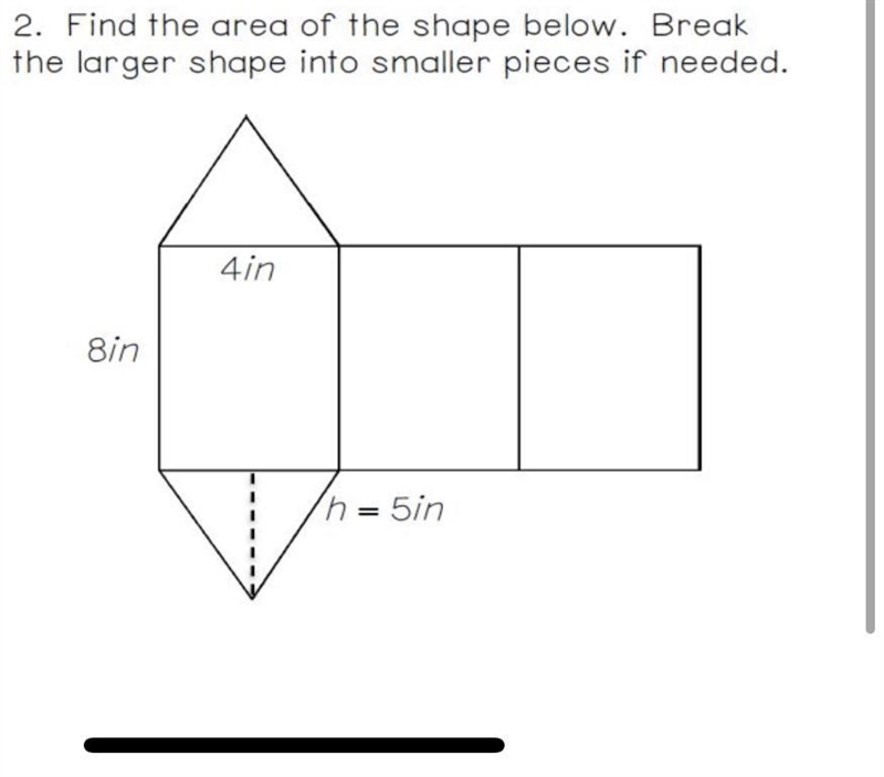 Find the area of the shape below. Break the larger shape into smaller pieces if needed-example-1