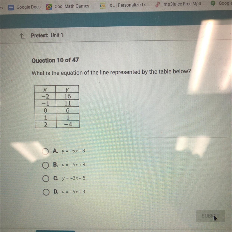 What is the equation of the line represented by the table below-example-1