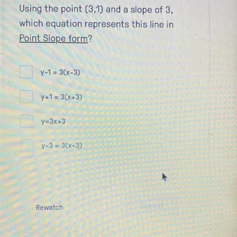 Using the point (3,1) and a slope of 3, which equation represents this line in Point-example-1