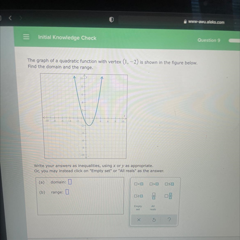 Find the domain and range with a vertex of (1,-2)-example-1