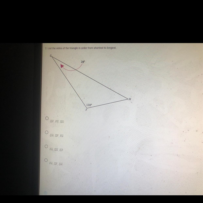 List the sides of the triangle in order from shortest ti longest-example-1