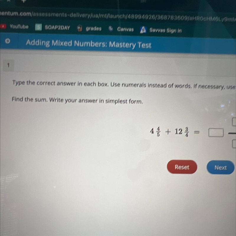 Find the sum. Write your answer in simplest form. 4 4/5 + 12 3/4-example-1