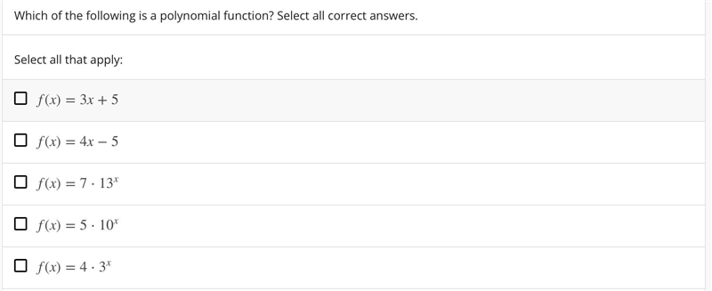 Which of the following is a polynomial function? Select all correct answers.-example-1