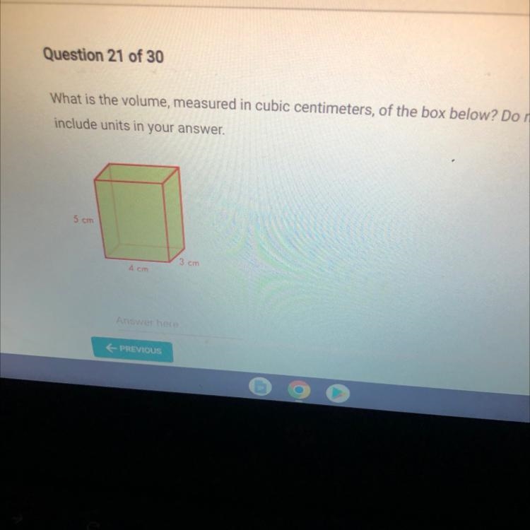 What volume in cubic centimeters of the box below ? Do not include units in your answer-example-1