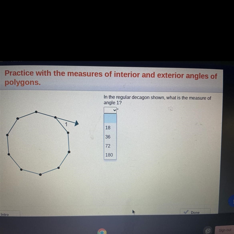 In the regular decagon shown, what is the measure of angle 1?-example-1